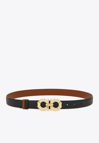 Ferragamo Reversible And Adjustable Belt With Shaped Gancini In Black