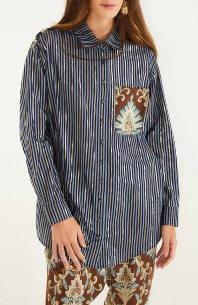 Farm Rio Striped Pocket Shirt In Blue