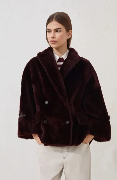 Brunello Cucinelli Reversible Shearling Outerwear With Shiny Cuff Details. In Burgundy