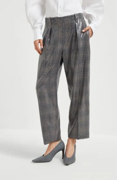 Brunello Cucinelli Sequin-embellished Check-pattern Trousers In Gray