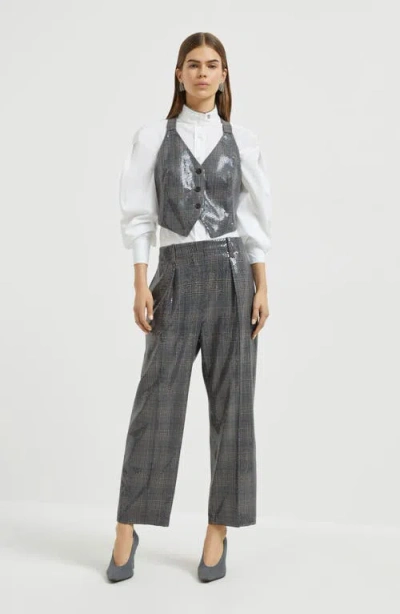 Brunello Cucinelli Sequin-embellished Check-pattern Trousers In Gray