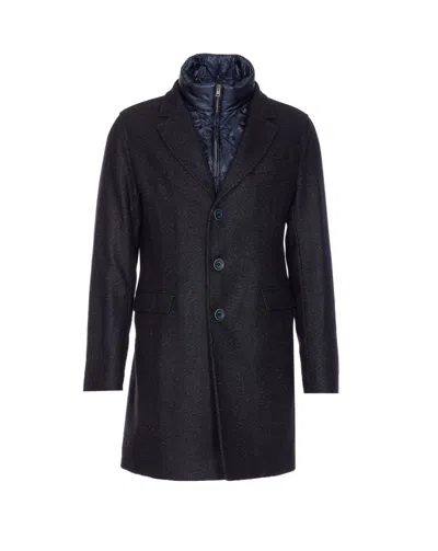 Herno Wool Blend Herringbone Topcoat With Removable Insulated Bib In Blue