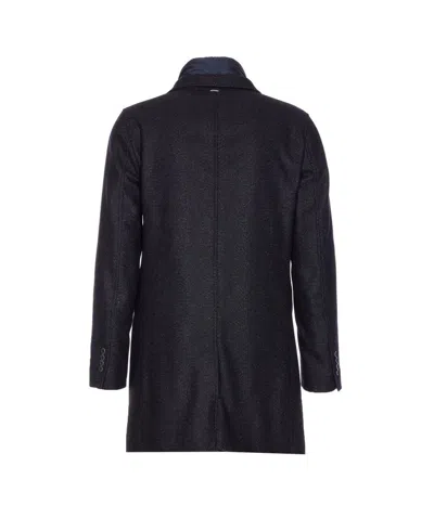 Herno Wool Blend Herringbone Topcoat With Removable Insulated Bib In Blue