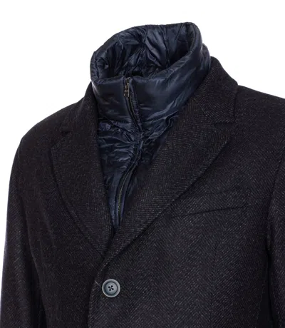 Herno Wool Blend Herringbone Topcoat With Removable Insulated Bib In Blue