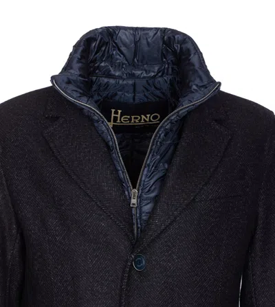 Herno Wool Blend Herringbone Topcoat With Removable Insulated Bib In Blue