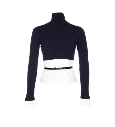 Elisabetta Franchi Turtleneck Top With Contrasting Poplin Insert And Logo Buckle In Blue