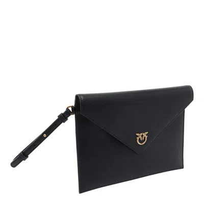 Pinko Structured Envelope Bag With Pointed Flap And Gold Emblem In Black
