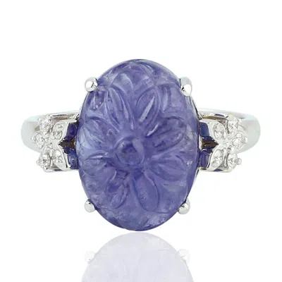 Artisan Women's Blue / White Carved Tanzanite & Diamond Cocktail Ring In White Gold – Fine Jewelry Gift For  In Multi