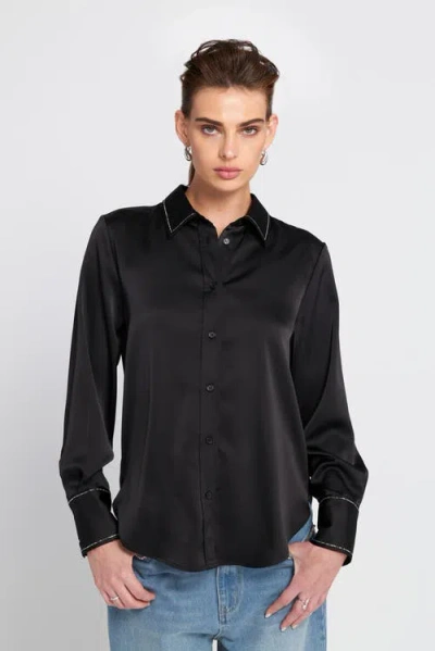 Elle Collection Sparkle Trim Satin Shirt Button Down Top In Black