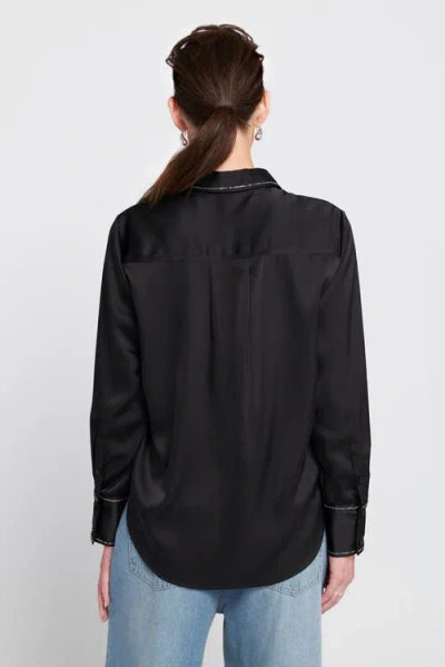 Elle Collection Sparkle Trim Satin Shirt Button Down Top In Black