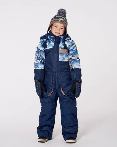 Deux Par Deux One-piece Play Snowsuit With Mountains In Blue
