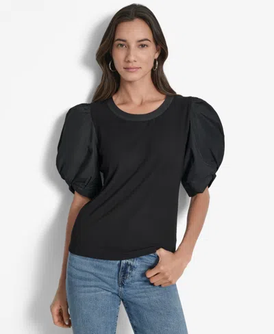 Dkny Women's Mixed-media Taffeta Puff-sleeve Top In Black