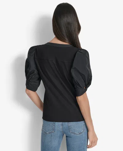 Dkny Women's Mixed-media Taffeta Puff-sleeve Top In Black