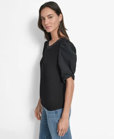 Dkny Women's Mixed-media Taffeta Puff-sleeve Top In Black