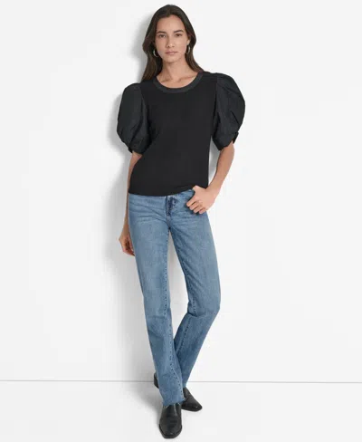 Dkny Women's Mixed-media Taffeta Puff-sleeve Top In Black