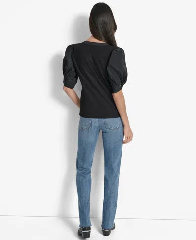 Dkny Women's Mixed-media Taffeta Puff-sleeve Top In Black