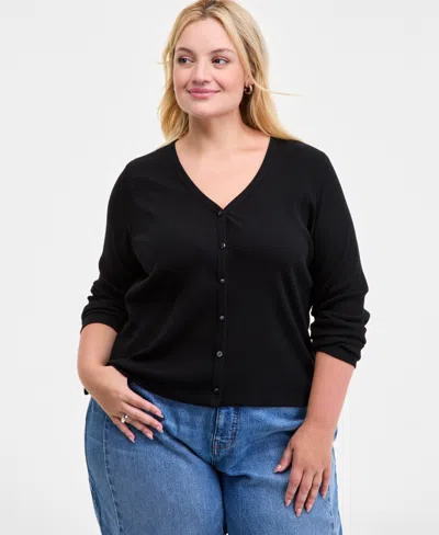 On 34th Trendy Plus Ribbed Button-front Cardigan, Macy's Exclusive In Black