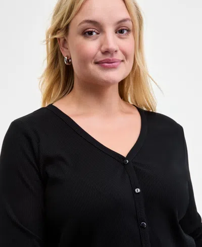 On 34th Trendy Plus Ribbed Button-front Cardigan, Macy's Exclusive In Black