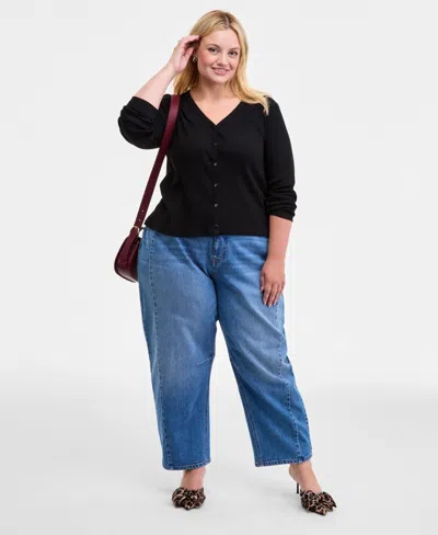 On 34th Trendy Plus Ribbed Button-front Cardigan, Macy's Exclusive In Black