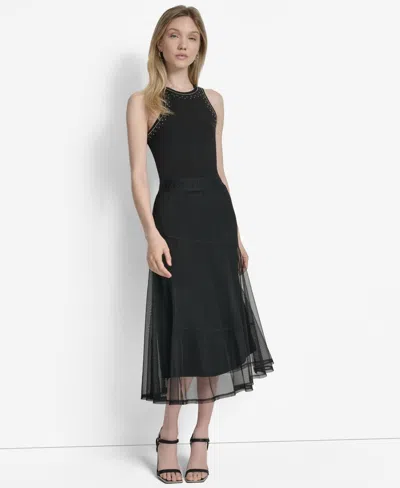 Dkny Women's Layered Mesh Logo-tape Midi Skirt In Black
