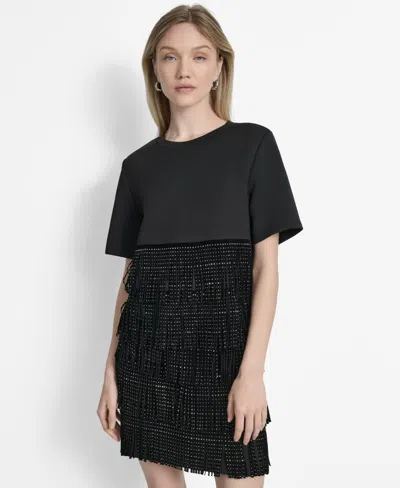Dkny Women's Studded-fringe Crewneck T-shirt In Black