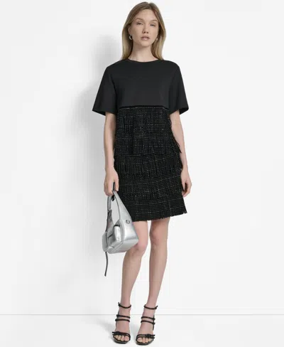 Dkny Women's Studded-fringe Crewneck T-shirt In Black