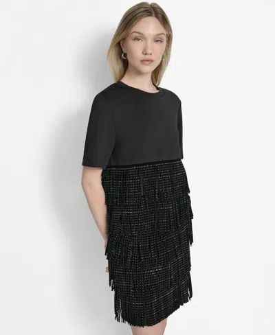 Dkny Women's Studded-fringe Crewneck T-shirt In Black