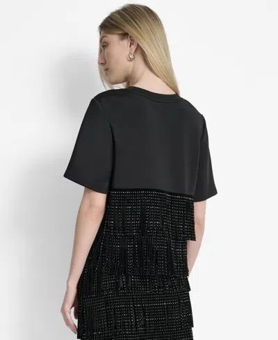 Dkny Women's Studded-fringe Crewneck T-shirt In Black