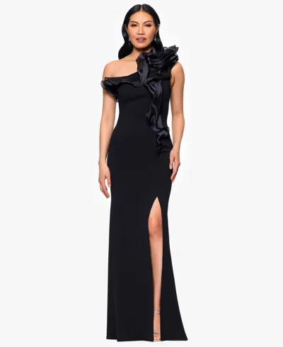 Betsy & Adam Organza Ruffle One-shoulder Scuba Crepe Gown In Black
