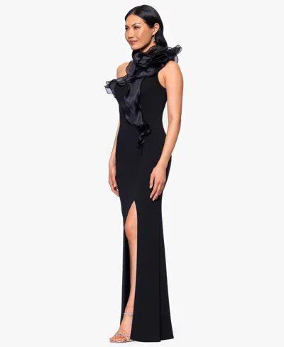 Betsy & Adam Organza Ruffle One-shoulder Scuba Crepe Gown In Black
