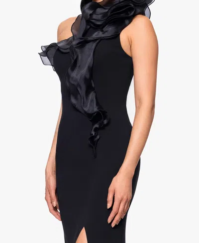 Betsy & Adam Organza Ruffle One-shoulder Scuba Crepe Gown In Black
