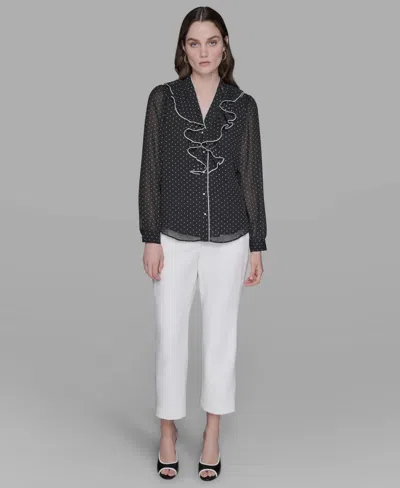 Karl Lagerfeld Women's Clip-dot Ruffled Blouse Top In Gray