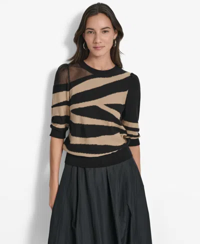 Dkny Women's Zebra-print 3/4-sleeve Sweater In Black