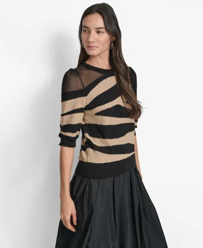Dkny Women's Zebra-print 3/4-sleeve Sweater In Black