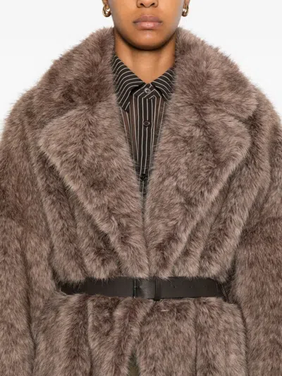 P.a.r.o.s.h Belted Faux Fur Jacket In Brown