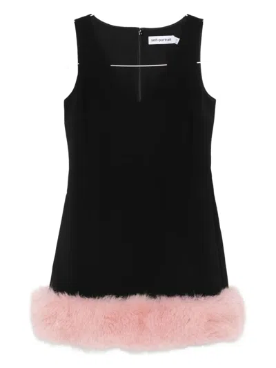 Self-portrait Back Crepe Mini Dress With Pink Faux Fur Hem In Multi