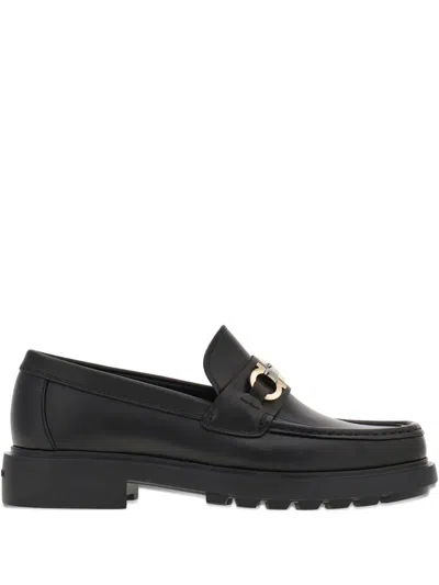 Ferragamo Leather Loafer With Gancini Metal Detail In Black