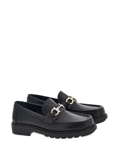 Ferragamo Leather Loafer With Gancini Metal Detail In Black