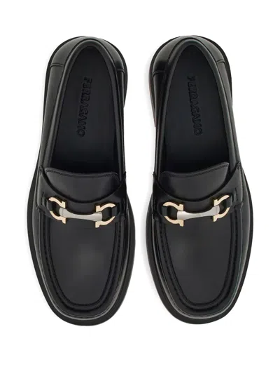 Ferragamo Leather Loafer With Gancini Metal Detail In Black