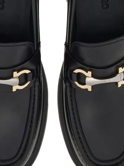 Ferragamo Leather Loafer With Gancini Metal Detail In Black