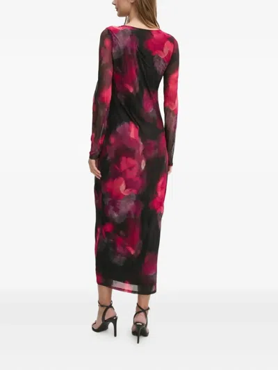 花卉印花褶饰中长连衣裙