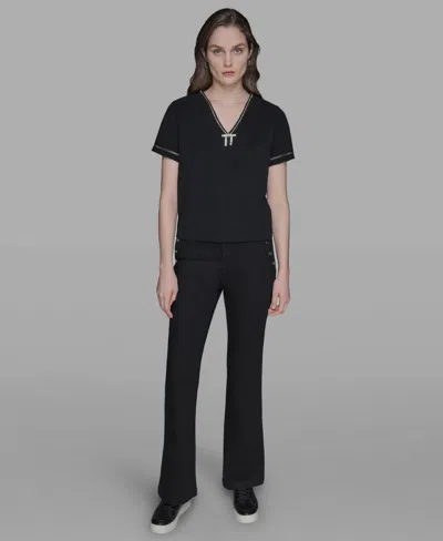 Karl Lagerfeld Women's Crystal-trim V-neck Top In Black