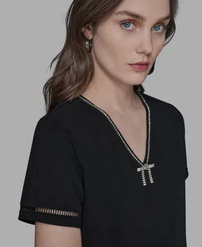 Karl Lagerfeld Women's Crystal-trim V-neck Top In Black