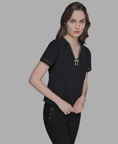 Karl Lagerfeld Women's Crystal-trim V-neck Top In Black