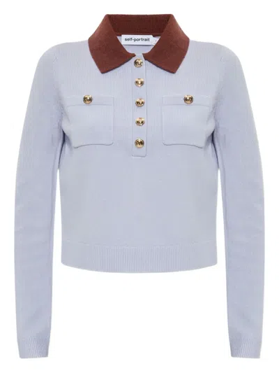 Self-portrait Delicate Lace Long-sleeved Top With High Neckline In Blue