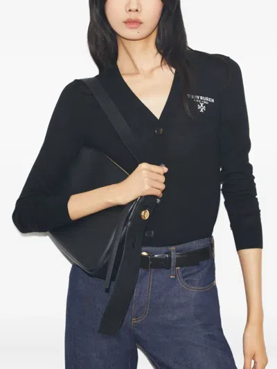 Tory Burch Romy Black Shoulder Bag With Adjustable Shoulder Strap In Grained Leather Woman