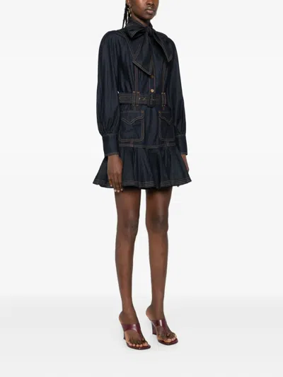 Zimmermann Tie-detailed Belted Ruffled Denim Mini Dress In Blue