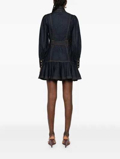 Zimmermann Tie-detailed Belted Ruffled Denim Mini Dress In Blue