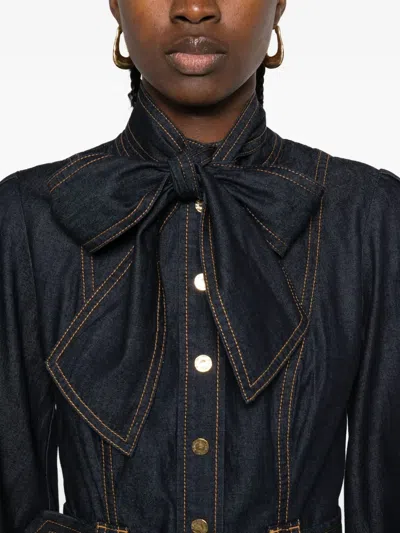 Zimmermann Tie-detailed Belted Ruffled Denim Mini Dress In Blue