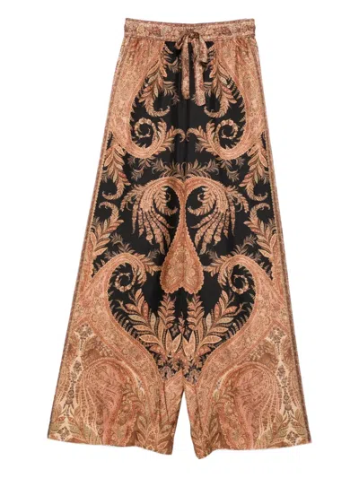 Zimmermann Wide-leg Trousers With Intricate Baroque Print And Adjustable Waistband In Brown